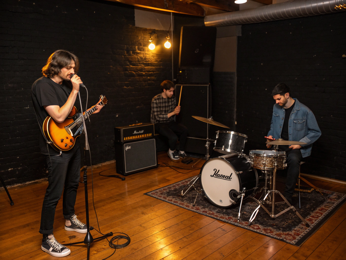 Band recording session in studio atmosphere with guitars and amplifiers